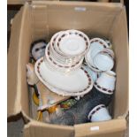 BOX CONTAINING QUANTITY TEA WARE, VARIOUS DOG ORNAMENTS, NOVELTY MEERKAT ORNAMENT ETC