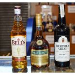 3 BOTTLE SELECTION COMPRISING BELLS ORIGINAL WHISKY - 70CL, 40% VOL, THREE BARRELS FRENCH BRANDY -