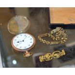 GOLD PLATED SIDE WINDER POCKET WATCH, GILT CHAIN & GILT METAL BROOCH PIN