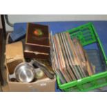 2 BOXES WITH QUANTITY RECORDS, WHISKY QUAICH'S, BELLOWS, DECANTER ETC