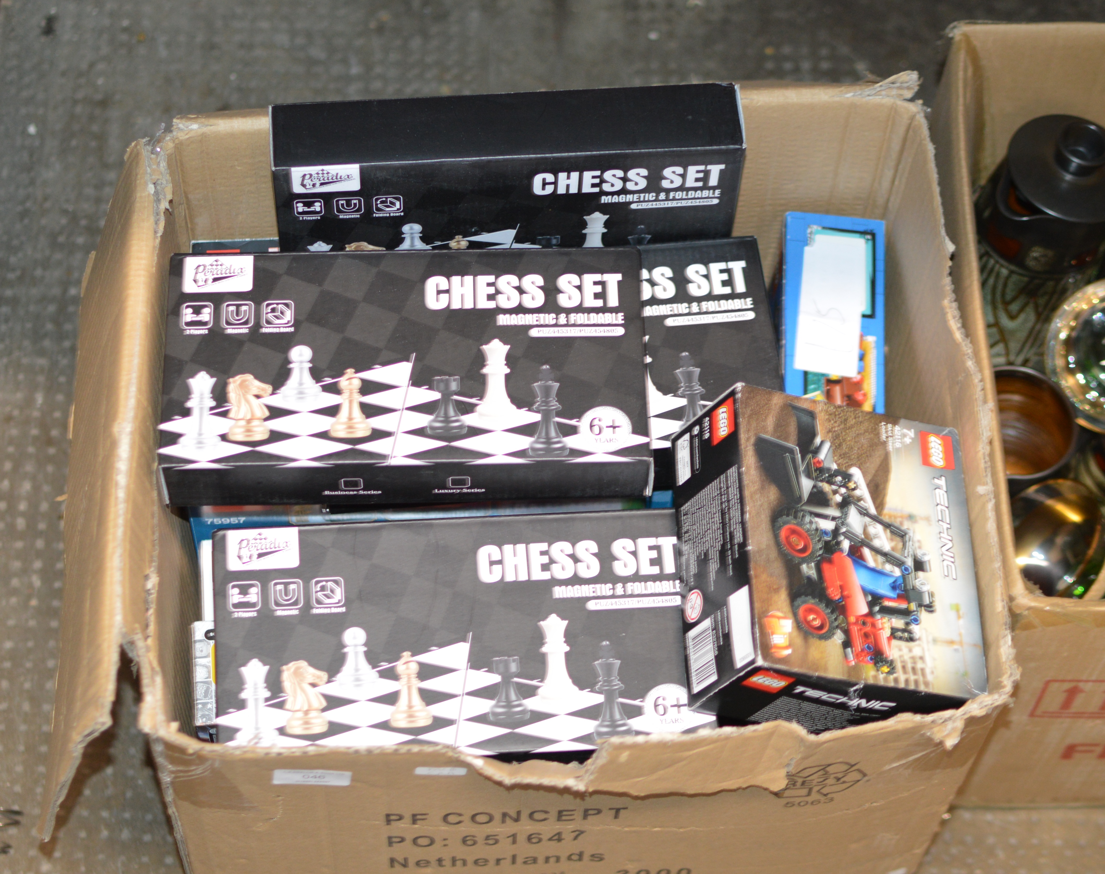 BOX WITH VARIOUS BOXED LEGO SETS, CHESS SETS ETC