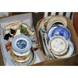 2 BOXES WITH GENERAL CERAMICS, VARIOUS DECORATIVE PLATES, DOG ORNAMENTS ETC