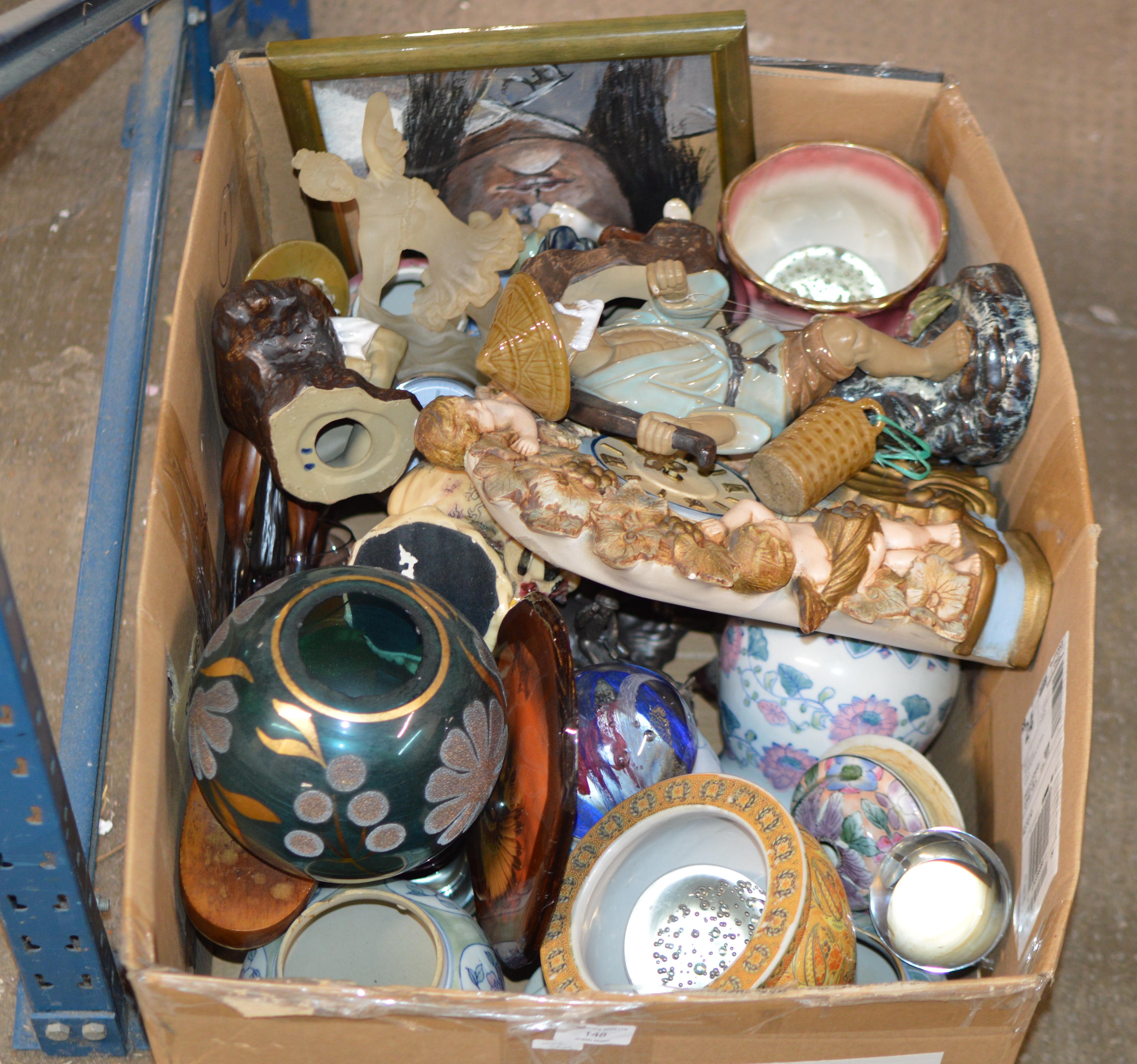 BOX WITH GENERAL CERAMICS & GLASS WARE, VARIOUS VASES, ORIENTAL FIGURE ORNAMENTS, PAPER WEIGHTS ETC