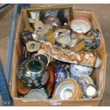 BOX WITH GENERAL CERAMICS & GLASS WARE, VARIOUS VASES, ORIENTAL FIGURE ORNAMENTS, PAPER WEIGHTS ETC