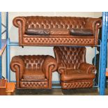 3 PIECE CHESTERFIELD BROWN LEATHER LOUNGE SUITE COMPRISING 3 SEATER SETTEE & 2 SINGLE ARM CHAIRS