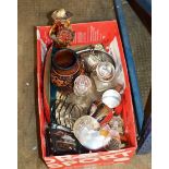 BOX WITH DECORATIVE POTTERY VASE, VARIOUS GLASS WARE, FIGURINE ORNAMENT, DECORATIVE INLAID TRINKET