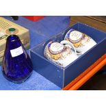 ORNATE HEAVY COBALT BLUE GLASS VASE & BOXED PAIR OF PORCELAIN CUPS