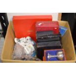 BOX CONTAINING CRESTED CHINA, SPODE DISH, EP GOBLETS, VARIOUS EP CUTLERY, DISPLAY PLATES ETC