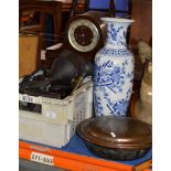 BOX WITH ASSORTED IRON WORK, VINTAGE CAR HORN, CHIMING CLOCK, ORIENTAL STYLE VASE, BED WARMING PAN &