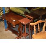 STAINED PINE OCCASIONAL TABLE, 2 PLANT STANDS & 1 OTHER TABLE