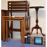 NEST OF 3 TEAK TABLES, MAGAZINE RACK & MAHOGANY WINE TABLE