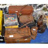 BOXED RUBIK'S CUBE, TRAVEL VANITY SET, VARIOUS OLD CAMERAS, WOODEN BUST ORNAMENTS ETC