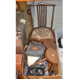 MAHOGANY CHAIR & BOX WITH WOODEN STOOLS, BINOCULARS, COLOURED GLASS VASE, VINTAGE PUSH TOY ETC