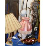 HUMMEL FIGURINE TABLE LAMP, 3 CARLTON WARE DISHES, AFRICAN STYLE FIGURINE & 2 OTHER LAMPS
