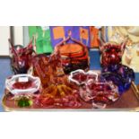 TRAY WITH ASSORTED HEAVY COLOURED GLASS WARE