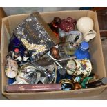 BOX WITH VARIOUS DECANTERS, BAR ACCESSORIES, CUTLERY & GENERAL BRIC-A-BRAC