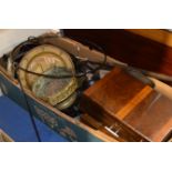 BOX WITH CUTLERY CANTEEN, GIRDLE & CLEEK, CROQUET MALLET, BRASS WARE, DECORATIVE DISH ETC
