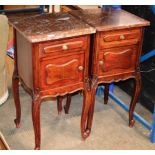 PAIR OF MAHOGANY STAINED FRENCH STYLE BEDSIDE CABINETS WITH ROUGE MARBLE TOPS