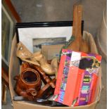 BOX WITH ASSORTED WOODEN WARE, BELLOWS, PICTURES, NOVELTY TEA POT ETC