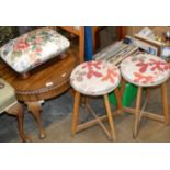 PAIR OF PADDED STOOLS, MAHOGANY COFFEE TABLE & 1 OTHER PADDED STOOL