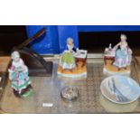 TRAY WITH 3 VARIOUS DRESDEN STYLE FIGURINES, COPENHAGEN PIN DISH, OLD PRESS ETC
