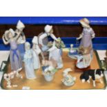 TRAY WITH VARIOUS LLADRO FIGURINE ORNAMENTS, ROYAL DOULTON DOG, BORDER FINE ART DOG ETC, SOME WITH