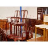 10 PIECE ORIENTAL STYLE DINING ROOM SUITE COMPRISING LARGE TABLE, 6 CHAIRS & SIDEBOARD WITH