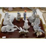 TRAY WITH VARIOUS LLADRO FIGURINE ORNAMENTS, SWAN ORNAMENT, UNICORN, DOG ORNAMENTS, ROYAL COPENHAGEN