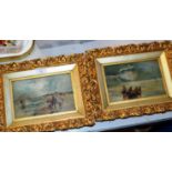 PAIR OF 5½" X 8½" GILT FRAMED PAINTINGS, SHORE SCENES WITH BOATS & FIGURES