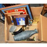 BOX WITH FRAMED PICTURES, BRASS CANDLE STICKS, POTTERY JUG ETC