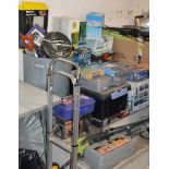 LARGE QUANTITY OF VARIOUS BOXED ITEMS, VARIOUS TOOLS, TOOL BOXES, GARDEN ACCESSORIES, HOUSEHOLD