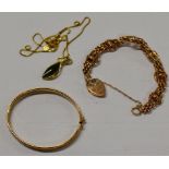 9 CARAT GOLD BRACELET, 9 CARAT GOLD CHAIN WITH DRESS STONE PENDANT & UNMARKED GOLD BANGLE -