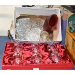BOXED SET OF 6 CRYSTAL BRANDY GOBLETS & BOX WITH VARIOUS GLASS WARE, COASTERS, CUTLERY ETC