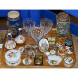 TRAY WITH MIXED CERAMICS & GLASS WARE, ROYAL CROWN DERBY PAPERWEIGHTS, VARIOUS ENAMEL BOXES, PAIR OF