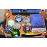 BOX WITH VARIOUS COLOURED GLASS PAPERWEIGHTS, VINTAGE BOOKS ETC