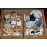 2 BOXES WITH VARIOUS NOVELTY TEAPOTS, QUANTITY TEA WARE, CAMERAS ETC