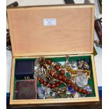 QUANTITY VARIOUS COSTUME JEWELLERY, VARIOUS NURSING BADGES, BEADS, GILT CHAINS, COMMEMORATIVE COINS,