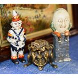 NOVELTY CAST IRON HUMPTY DUMPTY DISPLAY, OLD CAST METAL CLOWN & NOVELTY BRASS INKWELL