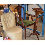 MAHOGANY SINGLE CHAIR, PADDED BEDROOM CHAIR & MAHOGANY PLANT STAND