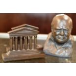 PAIR OF NOVELTY BRONZE COLUMNED BOOKENDS & BRONZED CHURCHILL BUST DISPLAY