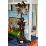 BRONZE EFFECT FIGURINE LAMP WITH GLASS SHADE