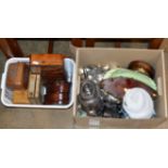 2 BOXES WITH VARIOUS DECORATIVE TRINKET BOXES, EP TEAPOT, CARLTON WARE DISHES, ASSORTED CUTLERY,