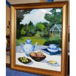 GILT FRAMED OIL PAINTING - STILL LIFE, THE GREENHOUSE, BY MARGARET MCGAVIN