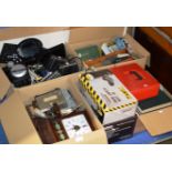 BOXED PAIR OF SAFETY BOOTS, PORTABLE STEREO IN BOX & 4 BOXES WITH VARIOUS BOOKS, CASH BOX,