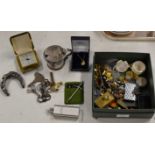 BOX CONTAINING GILT PENDANT ON CHAIN, VARIOUS BADGES, COSTUME JEWELLERY, CIGARETTE LIGHTER, SMALL