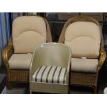 PAIR OF BAMBOO EFFECT CONSERVATORY STYLE CHAIRS & LLOYD LOOM STYLE TUB CHAIR