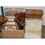 BOX WITH VARIOUS FRAMED PICTURES, FUR COAT, VINTAGE DRESS, CANTILEVER SEWING UNIT ETC