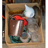BOX WITH CRYSTAL VASES, POTTERY TEA WARE, BINOCULARS, EASTERN STYLE TRAYS, GLASS WARE ETC