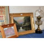 2 GILT FRAMED PICTURES & PARAFFIN LAMP WITH GLASS SHADE & FUNNEL