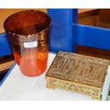 DECORATIVE SCOTTISH COLOURED GLASS VASE & HEAVY BRASS CIGAR BOX